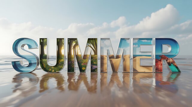 Large metallic SUMMER text reflecting on tranquil water, each letter filled with diverse natural scenes