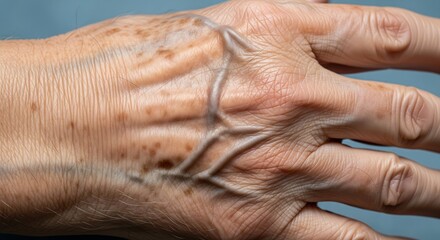 Fototapeta premium Elderly hand displaying deep wrinkles veins and age spots