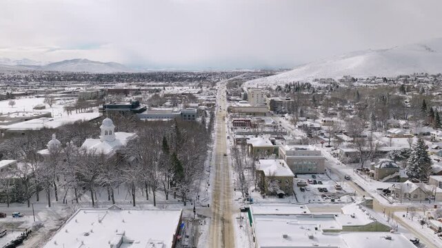 Carson City Nevada - Aerial View of State Capitol Facing South after Major Snowstorm