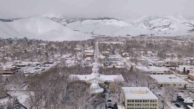 Carson City Nevada - Aerial View of State Capitol Facing West after Major Snowstorm