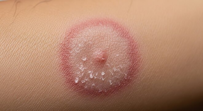 Macro close up of red nummular eczema lesion on skin