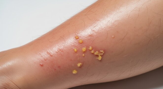 Infected lower leg skin with yellow crusts and redness