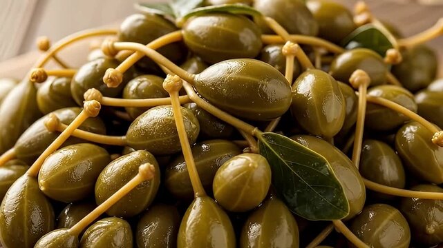 A macro, static shot showcases a vibrant pile of plump, green caper berries on their delicate stems, resting on a rustic wooden surface. Their glossy, smooth skin and intricate textures are highlighte