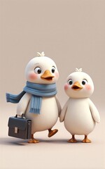 Fototapeta premium Two cute white ducklings in scarves, each carrying a briefcase.