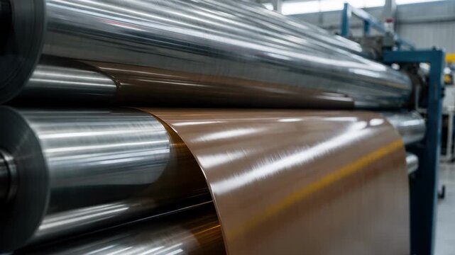 Medium shot of stacked polished rollers in motion enhancing sheet smoothness and gloss with precision in an industrial setting.