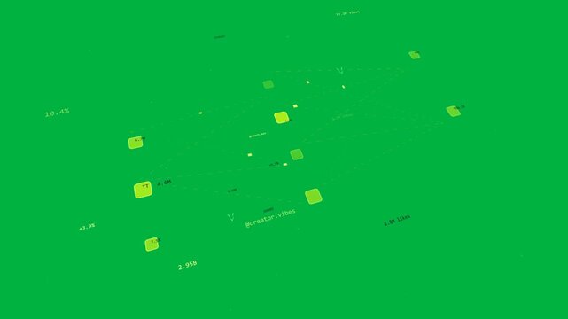 Camera pivoting, 3D net rotating, yellow nodes shifting, teal tags fading on transparent bg for UI