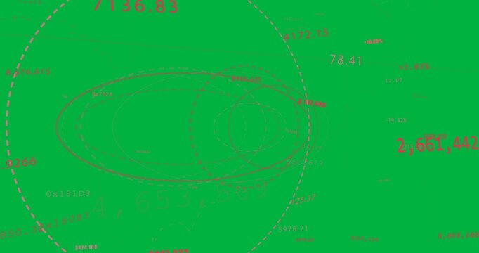 HUD panning, zooming, driving ovals shifting right and numbers growing, marking data on transparent