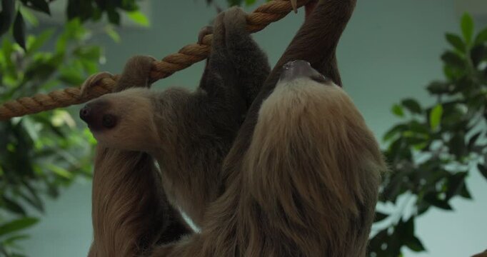 Sloth and Baby Climbing Rope Upside Down