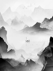 Monochrome Chinese Ink Wash Landscape with Solitary Boat, Flying Birds and Jagged Peaks
