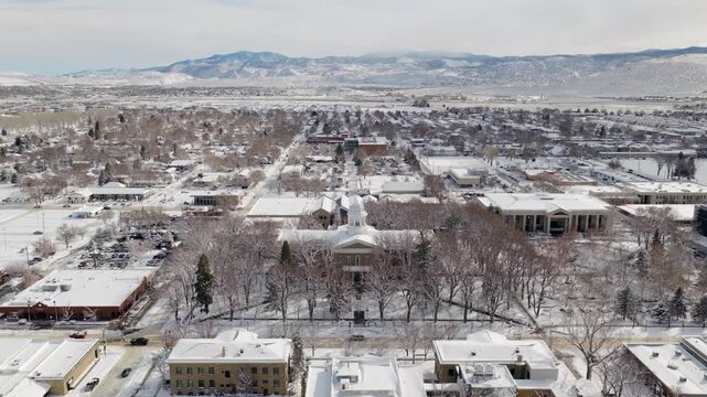 Carson City Nevada - Aerial View of State Capitol Facing East after Major Snowstorm