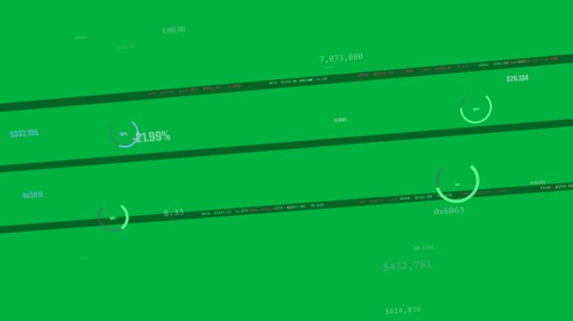 On play HUD rotating diagonal tickers scrolling gauges updating for finance on transparent canvas