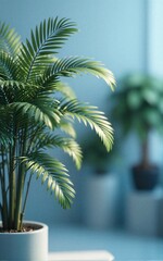 Obraz premium Palm plants in pots, soft light, blurred background. Greenery indoors, serene atmosphere.