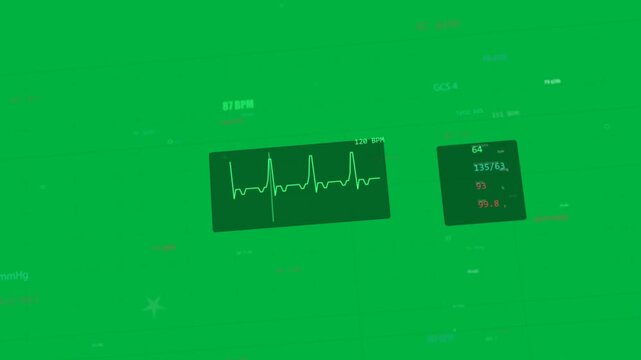 Telemetry HUD on transparent grid receiving feed, displaying green ECG cycling, showing live vitals