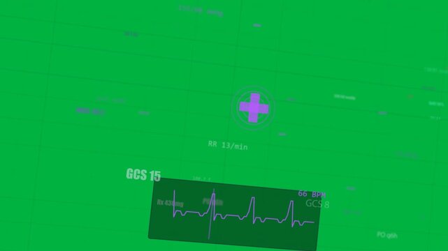ECG-triggered ringed cross and panel pulsing, drifting dots streaming vitals on transparent grid
