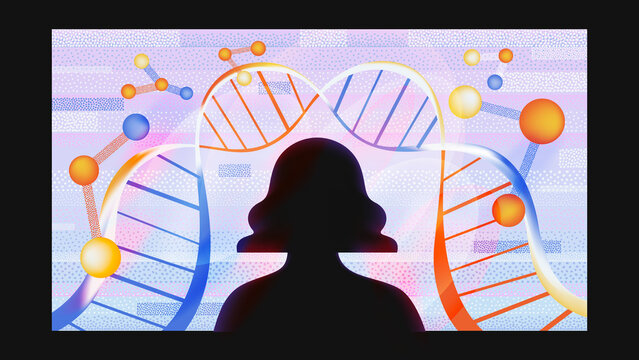 Human female silhouette with abstract DNA and data connections