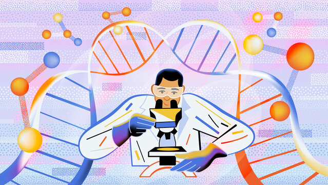 Scientist examining DNA using microscope -illustration