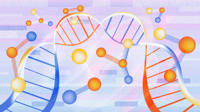 Abstract DNA strands with data nodes on pastel background