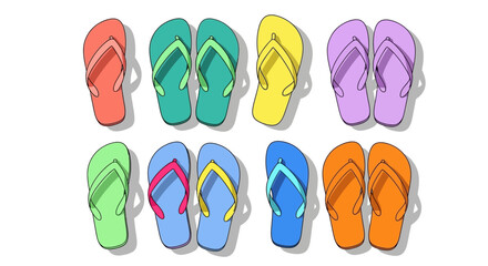 Colorful flip-flops arranged in two rows, representing summer footwear and beach vacation essentials