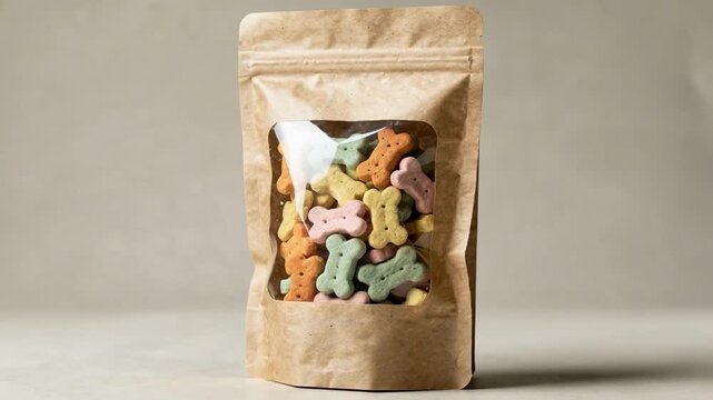 Medium shot of a pet treats kraft paper bag with a laminated clear window displaying colorful dog biscuits emphasizing ecofriendly and attractive packaging.