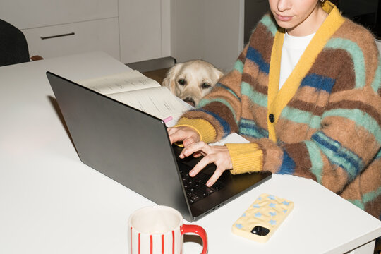Woman works on laptop at table with dog nearby in home office