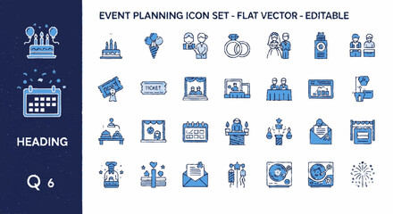 Obraz premium Event planning icon set editable flat vector graphics for business and organization templates
