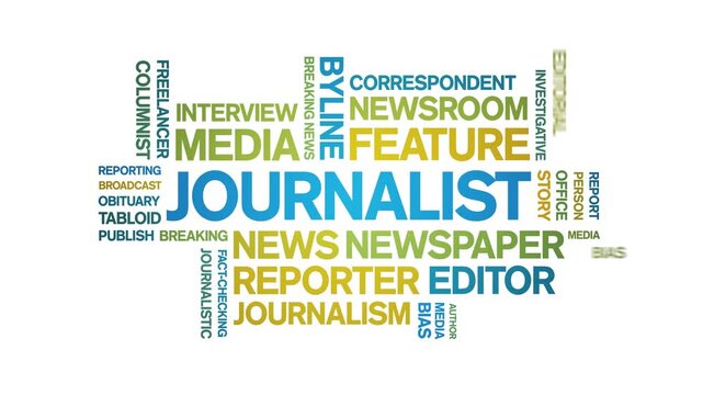 Journalist animated word cloud-text design animation tag kinetic typography seamless loop.