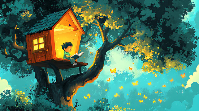 A boy is sitting on a treehouse reading a book