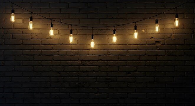 Warm edison bulb string lights on wooden background