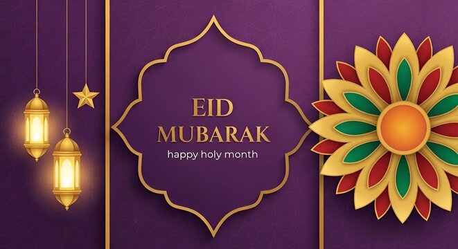 Happy holy month eid mubarak with lanterns and islamic pattern