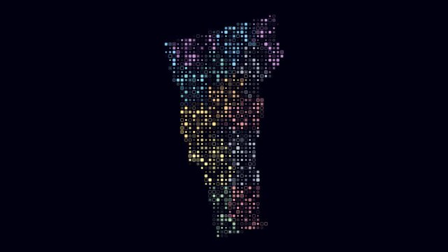 Vermont animated shape. Pulsating colored dots on the map of the state. Small size rounded square blocks. Digital style Vermont map on dark background. Plain animation video.