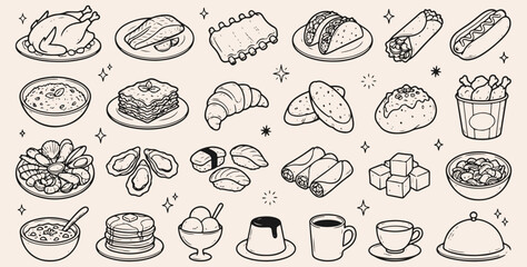 Collection breakfast and brunch sketch collection featuring croissants, toast and hot drinks for menu templates, culinary marketing materials, kitchen decor prints and digital content creators
