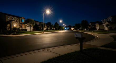 Fototapeta premium Peaceful Suburban Neighborhood at Night Ideal for Home Security Real Estate and Community Safety Concepts - 110 Chars
