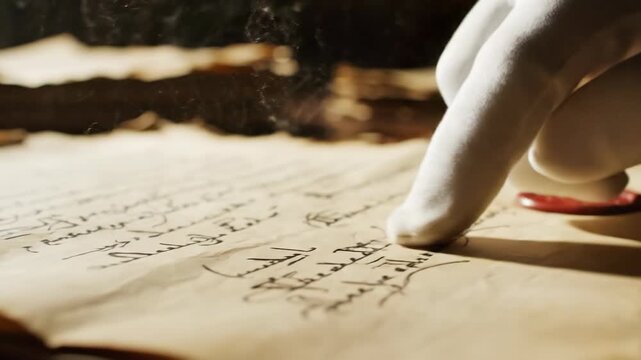 Close up of a hand in a white glove pointing at an old document with a wax seal.