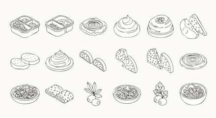 Collection of isometric line art icons representing various food items and ingredients, perfect for culinary themes.