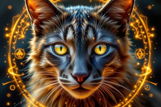 Majestic Feline Sorcerer Portrait: A Mystical Cat Enveloped in Arcane Energy and Glowing Symbols, Radiating Power and Ancient Wisdom