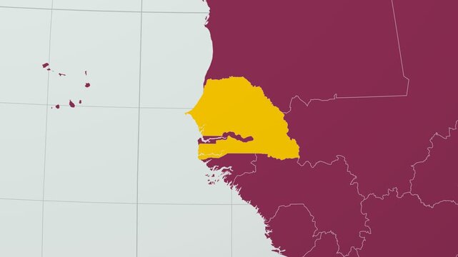 Senegal map. Animated zoom into the country on the Globe in Pale Mint Dark Pink color palette. Country logo animation with round text and airplanes. Map with meridians, parallels. Amazing video.