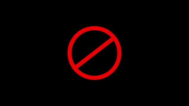 Red circle with line through it prohibition symbol on black background warning sign