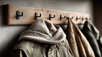 Wooden coat rack with multiple hooks holding various winter jackets