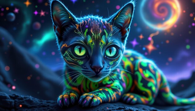 A Bioluminescent Alien Feline Gazer: Close-Up Portrait of a Cat with Celestial Glowing Patterns Amidst Nebulae and Distant Galaxies
