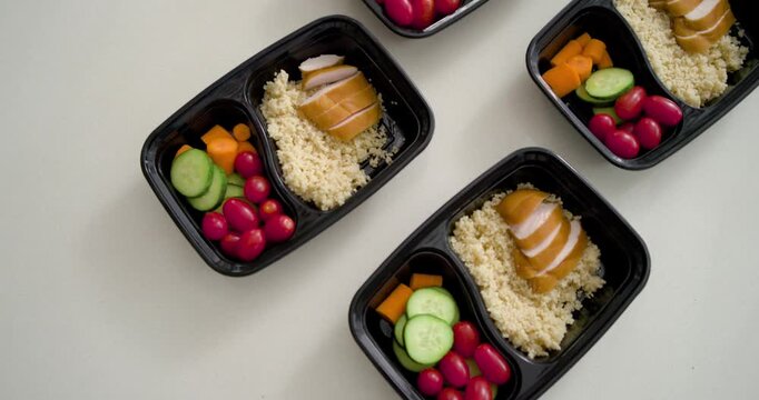 Camera is rotating, reframing black trays with rice, poultry, veg for display on table, copy space