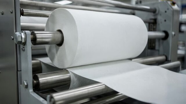 Medium shot of a jumbo toilet tissue roll conveyor featuring smooth unwinding and embossing processes on white virgin pulp paper in a modern converting facility.