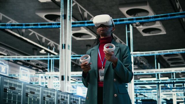 VR headset gear, AR simulation and system administrator in data center managing database storage rigs. Cloud computing, VFX visualization and worker in server room using virtual reality tech, camera A