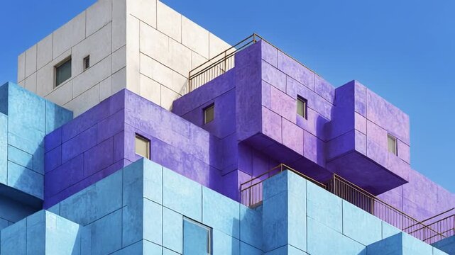 Modern architectural structure with overlapping blocks, in blue, purple, and white, against a bright blue sky