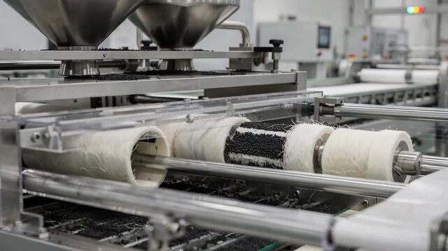 Medium shot capturing the formation of activated carbon segment filter rods emphasizing the integration of carbon filtration materials within continuous rod production.