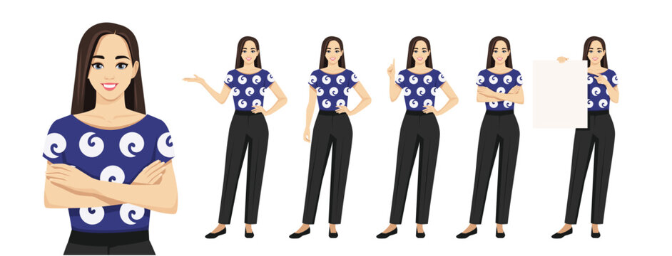 Young business woman with long hair in different poses, showing something or holding, pointing up and to the empty blank board set. Isolated vector illustration collection