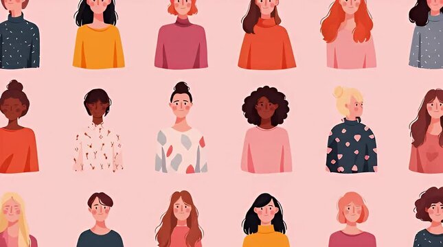 A vibrant and diverse community of women showcasing various appearances and individuality, celebrating unity