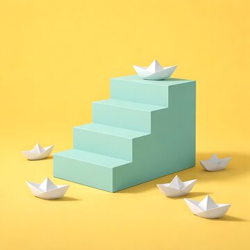 A white paper boat triumphantly rests on a green staircase, symbolizing a journey to success.