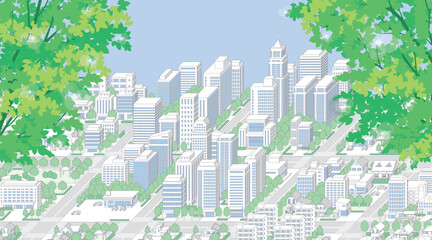 新緑の街並み. アイソメ図で描いた都市.