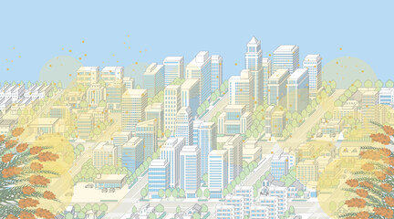 花粉が飛散する街並み. アイソメ図で描いた都市.