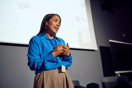 Businesswoman delivers a presentation